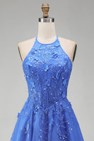 Load image into Gallery viewer, Floral A Line Glitter Long Corset Dark Blue Prom Dress with Slit