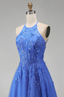 Load image into Gallery viewer, Floral A Line Glitter Long Corset Dark Blue Prom Dress with Slit