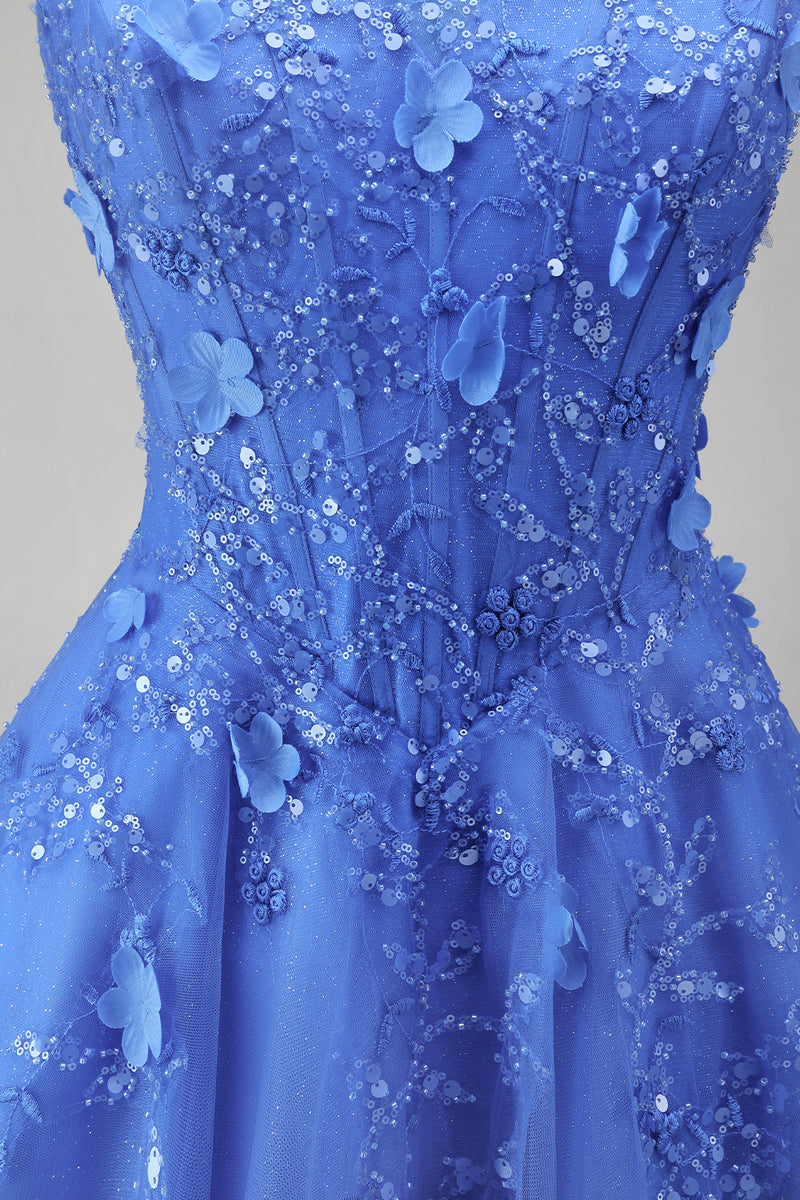 Load image into Gallery viewer, Floral A Line Glitter Long Corset Dark Blue Prom Dress with Slit