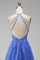 Load image into Gallery viewer, Floral A Line Glitter Long Corset Dark Blue Prom Dress with Slit