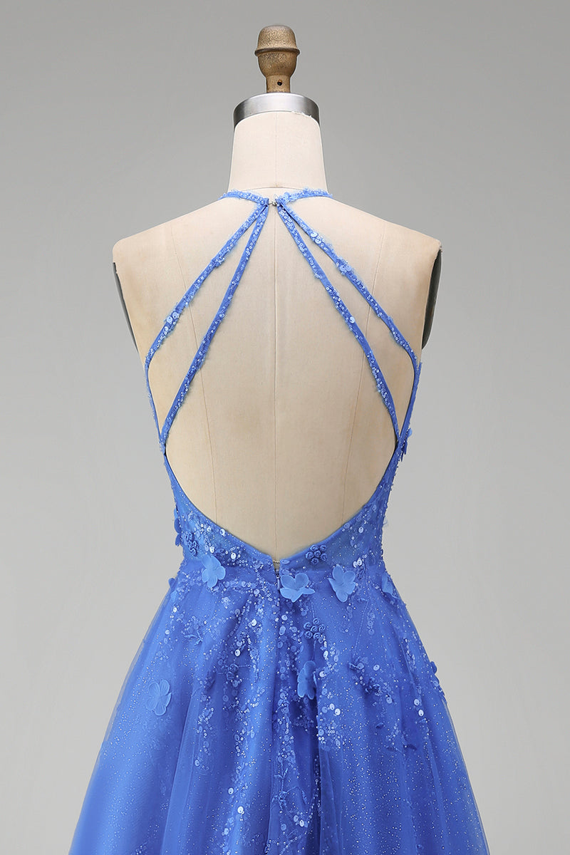 Load image into Gallery viewer, Floral A Line Glitter Long Corset Dark Blue Prom Dress with Slit