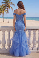 Load image into Gallery viewer, Mermaid Long Dark Blue Glitter Corset Floral Prom Dress with Ruffles