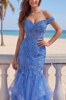 Load image into Gallery viewer, Mermaid Long Dark Blue Glitter Corset Floral Prom Dress with Ruffles