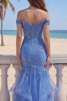 Load image into Gallery viewer, Mermaid Long Dark Blue Glitter Corset Floral Prom Dress with Ruffles
