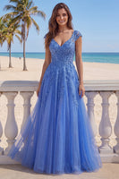 Load image into Gallery viewer, V-Neck A Line Corset Glitter Dark Blue Floral Long Prom Dress