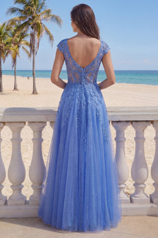 V-Neck A Line Corset Glitter Dark Blue Floral Long Prom Dress