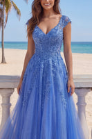 Load image into Gallery viewer, V-Neck A Line Corset Glitter Dark Blue Floral Long Prom Dress