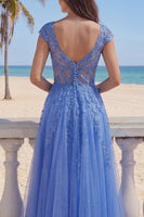Load image into Gallery viewer, V-Neck A Line Corset Glitter Dark Blue Floral Long Prom Dress