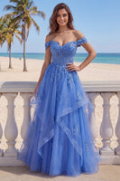 Load image into Gallery viewer, A Line Dark Blue Corset Glitter Floral Long Prom Dress with Ruffles