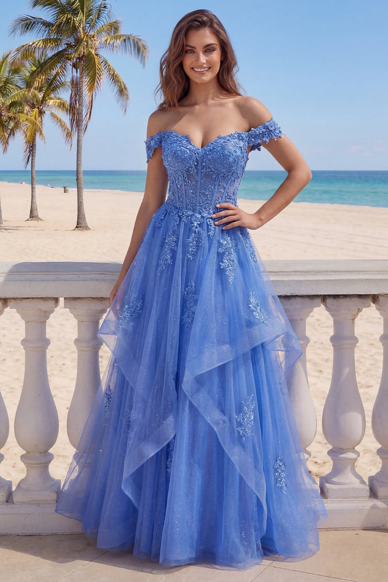 Load image into Gallery viewer, A Line Dark Blue Corset Glitter Floral Long Prom Dress with Ruffles