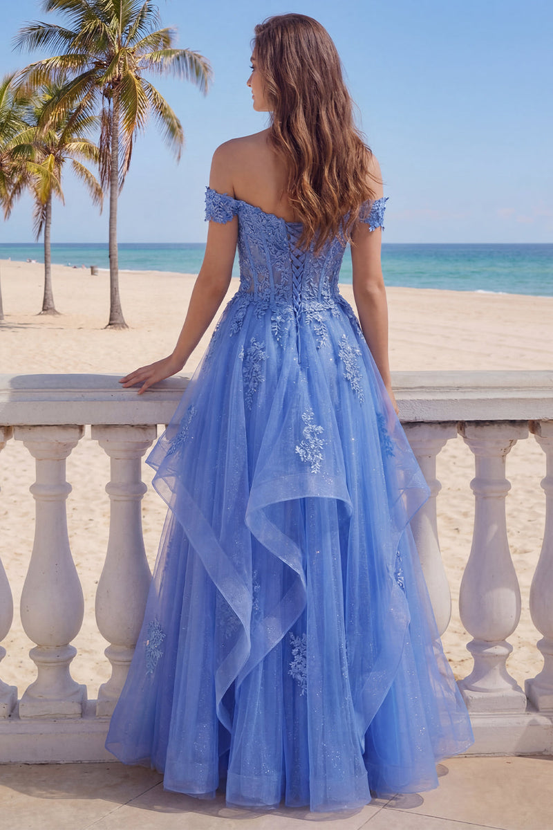 Load image into Gallery viewer, A Line Dark Blue Corset Glitter Floral Long Prom Dress with Ruffles