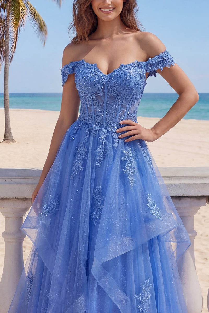 Load image into Gallery viewer, A Line Dark Blue Corset Glitter Floral Long Prom Dress with Ruffles