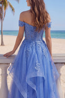Load image into Gallery viewer, A Line Dark Blue Corset Glitter Floral Long Prom Dress with Ruffles