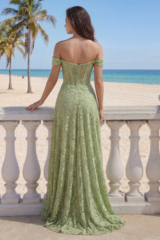 Sage Green Corset Lace Floral A Line Long Prom Dress with Slit
