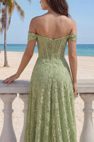 Load image into Gallery viewer, Sage Green Corset Lace Floral A Line Long Prom Dress with Slit