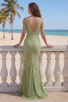 Load image into Gallery viewer, Floral V-Neck Mermaid Sage Green Lace Long Prom Dress with Slit