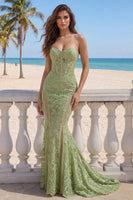 Load image into Gallery viewer, Corset Strapless Mermaid Floral Sage Green Lace Long Prom Dress