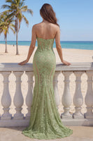 Load image into Gallery viewer, Corset Strapless Mermaid Floral Sage Green Lace Long Prom Dress