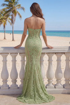 Corset Strapless Mermaid Floral Sage Green Lace Long Prom Dress