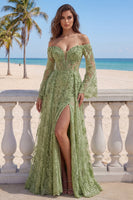 Load image into Gallery viewer, Long Sleeves Sage Green Lace Floral A Line Beaded Long Prom Dress with Slit