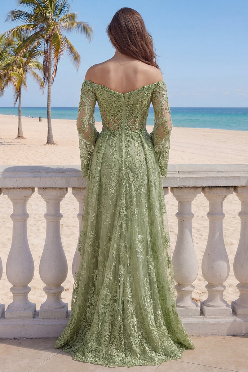Load image into Gallery viewer, Long Sleeves Sage Green Lace Floral A Line Beaded Long Prom Dress with Slit