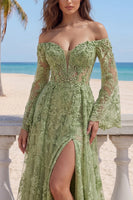 Load image into Gallery viewer, Long Sleeves Sage Green Lace Floral A Line Beaded Long Prom Dress with Slit