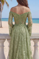 Load image into Gallery viewer, Long Sleeves Sage Green Lace Floral A Line Beaded Long Prom Dress with Slit