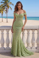 Load image into Gallery viewer, Off the Shoulder Mermaid Floral Sage Green Lace Long Prom Dress