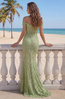 Load image into Gallery viewer, Off the Shoulder Mermaid Floral Sage Green Lace Long Prom Dress