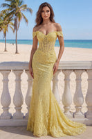 Load image into Gallery viewer, Mermaid Butter Yellow Floral Corset Lace Long Off the Shoulder Prom Dress