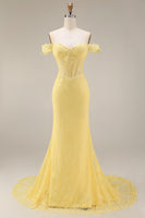 Load image into Gallery viewer, Mermaid Butter Yellow Floral Corset Lace Long Off the Shoulder Prom Dress
