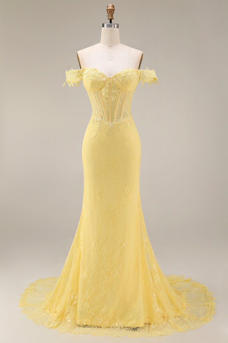 Load image into Gallery viewer, Mermaid Butter Yellow Floral Corset Lace Long Off the Shoulder Prom Dress