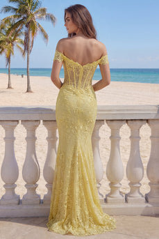 Mermaid Butter Yellow Floral Corset Lace Long Off the Shoulder Prom Dress