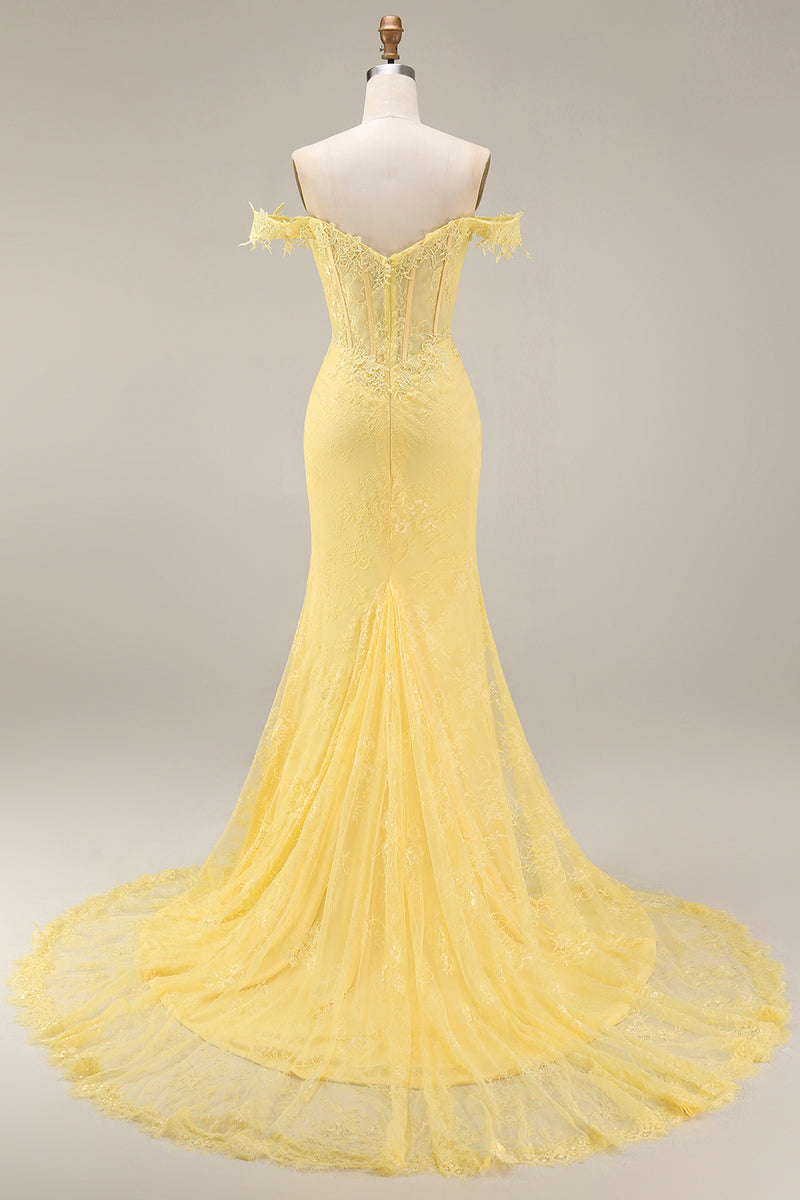 Load image into Gallery viewer, Mermaid Butter Yellow Floral Corset Lace Long Off the Shoulder Prom Dress