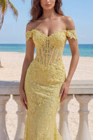 Load image into Gallery viewer, Mermaid Butter Yellow Floral Corset Lace Long Off the Shoulder Prom Dress
