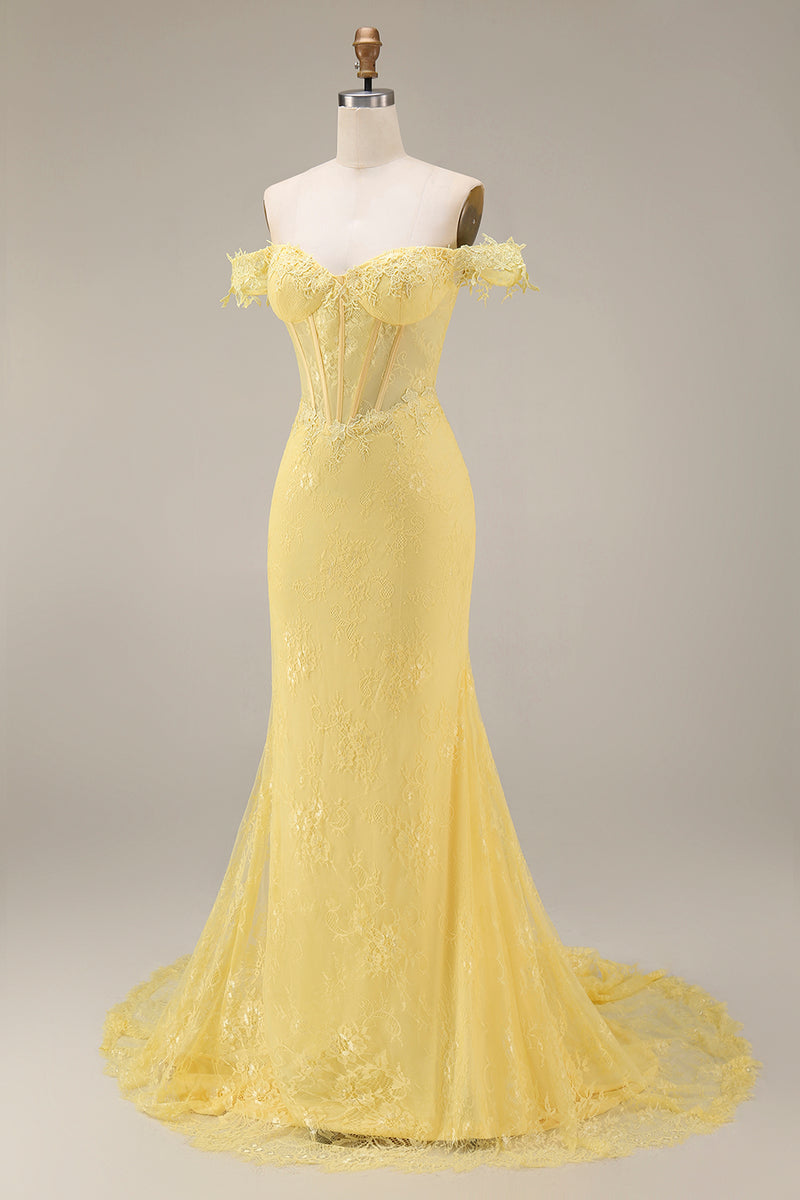 Load image into Gallery viewer, Mermaid Butter Yellow Floral Corset Lace Long Off the Shoulder Prom Dress