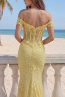 Load image into Gallery viewer, Mermaid Butter Yellow Floral Corset Lace Long Off the Shoulder Prom Dress