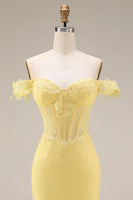 Load image into Gallery viewer, Mermaid Butter Yellow Floral Corset Lace Long Off the Shoulder Prom Dress