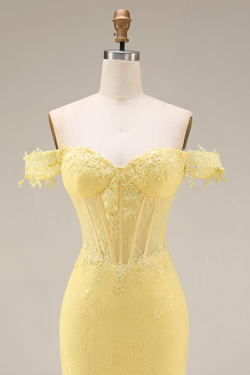 Load image into Gallery viewer, Mermaid Butter Yellow Floral Corset Lace Long Off the Shoulder Prom Dress