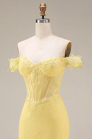 Load image into Gallery viewer, Mermaid Butter Yellow Floral Corset Lace Long Off the Shoulder Prom Dress