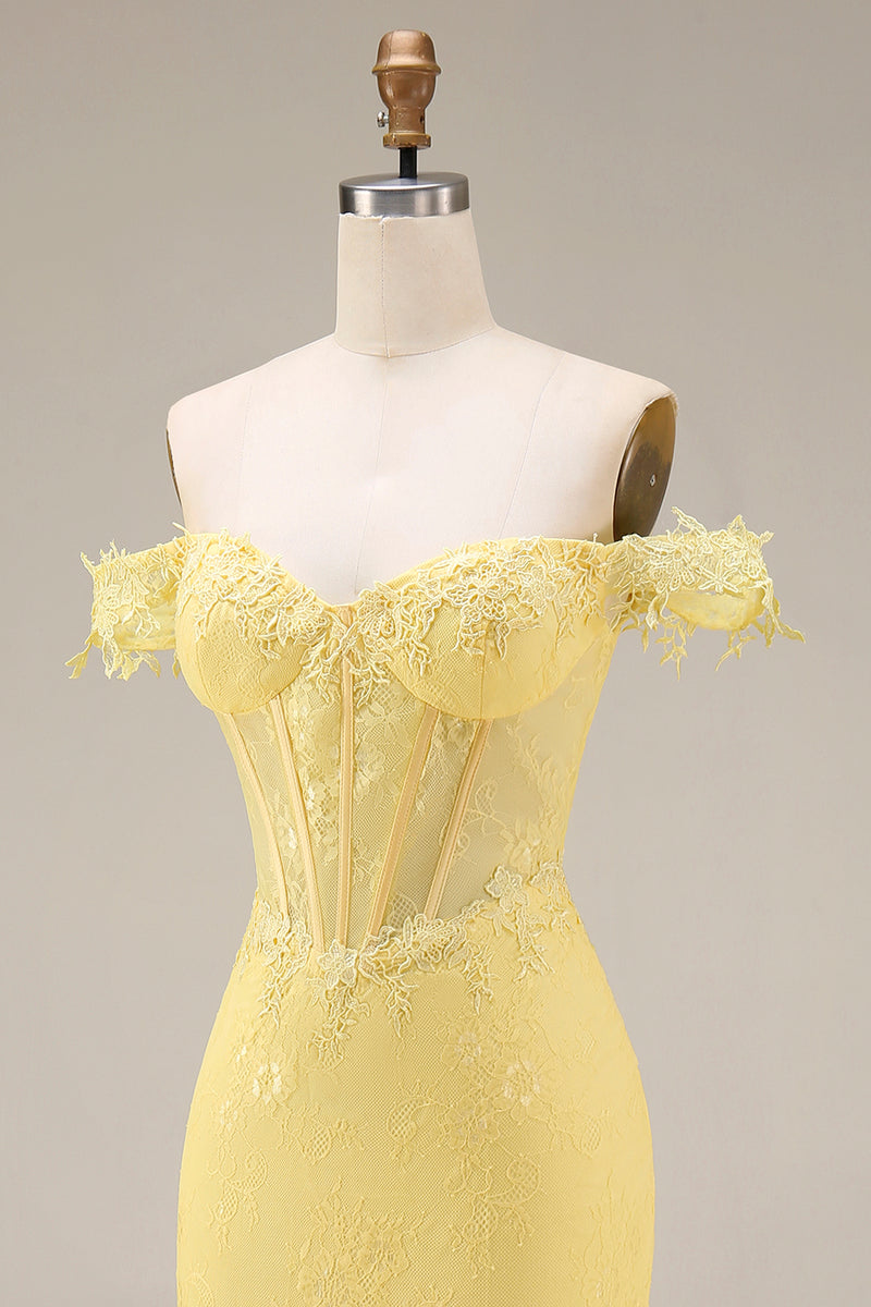 Load image into Gallery viewer, Mermaid Butter Yellow Floral Corset Lace Long Off the Shoulder Prom Dress
