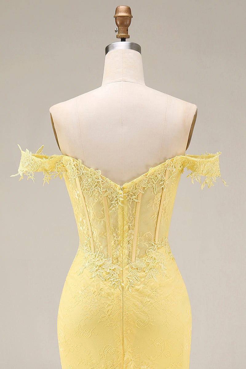 Load image into Gallery viewer, Mermaid Butter Yellow Floral Corset Lace Long Off the Shoulder Prom Dress