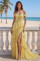 Load image into Gallery viewer, Ruffled Mermaid Floral Butter Yellow Lace Long Corset Prom Dress with Slit