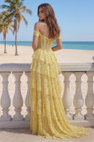 Load image into Gallery viewer, Ruffled Mermaid Floral Butter Yellow Lace Long Corset Prom Dress with Slit
