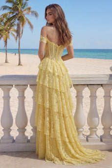 Ruffled Mermaid Floral Butter Yellow Lace Long Corset Prom Dress with Slit
