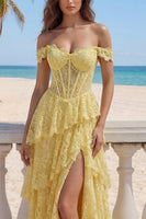 Load image into Gallery viewer, Ruffled Mermaid Floral Butter Yellow Lace Long Corset Prom Dress with Slit