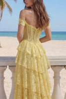 Load image into Gallery viewer, Ruffled Mermaid Floral Butter Yellow Lace Long Corset Prom Dress with Slit