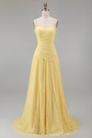 Load image into Gallery viewer, Floral Sweetheart Butter Yellow Lace Long Sheath Ruched Prom Dress