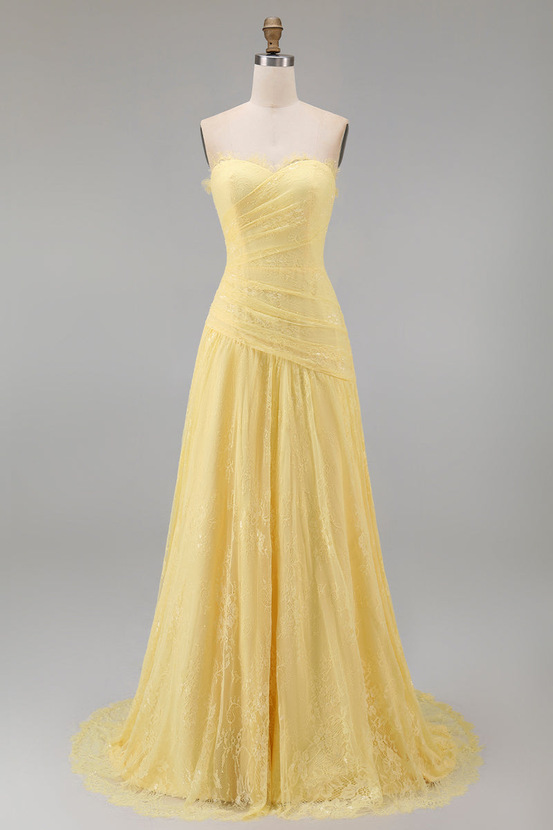 Load image into Gallery viewer, Floral Sweetheart Butter Yellow Lace Long Sheath Ruched Prom Dress