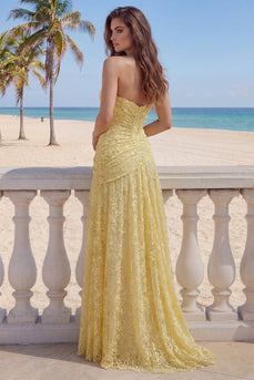 Floral Sweetheart Butter Yellow Lace Long Sheath Ruched Prom Dress